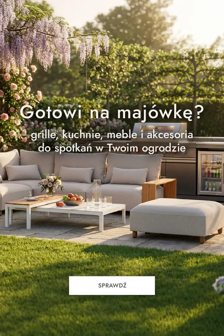 meble ogrodowe, sofa ogrodowa, zestaw tarasowy, grill w pobliżu, kwiaty