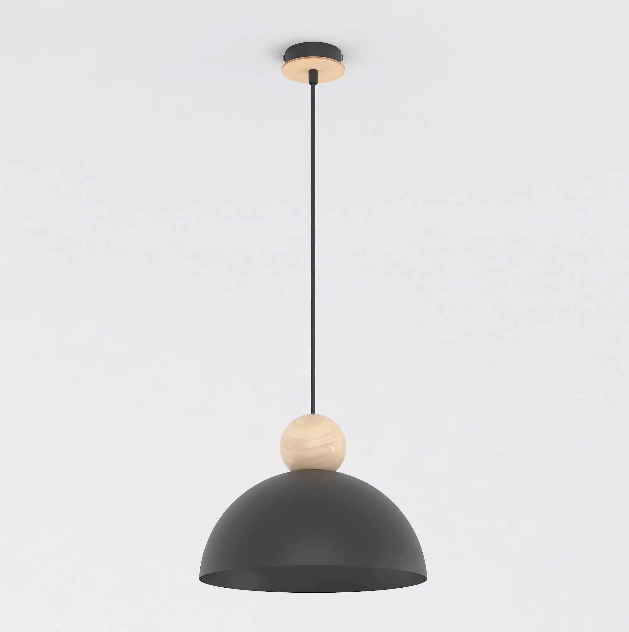 image lampa wisząca, pendant, czarna, korona drewniana, kula drewniana, metalowy klosz