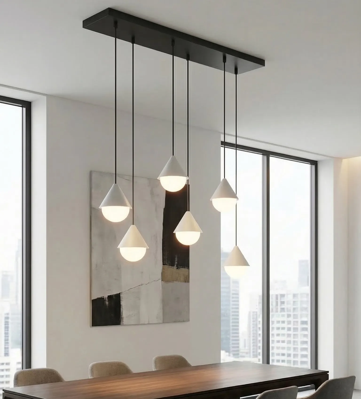 image lampa wisząca, kinkiety, lampy sufitowe, stół drewniany, aranżacja wnętrza