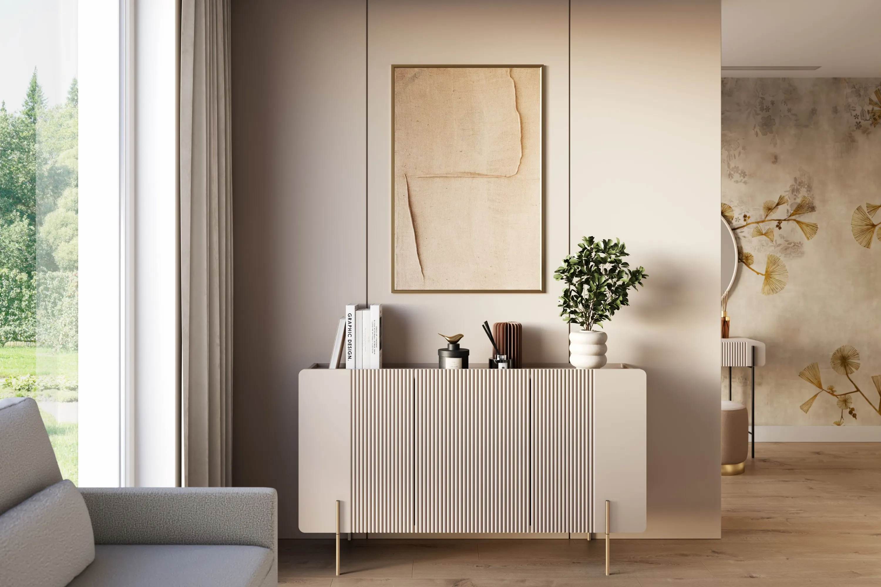 Komoda 3-drzwiowa MALMI 150cm - kaszmirowa złote nogi - B_167024