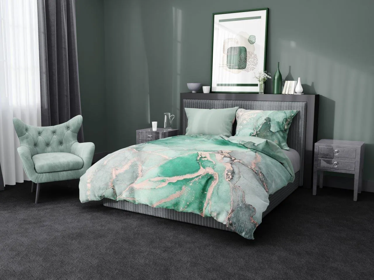 Pościel komplet MINERALS 005 satyna bawełniana 160X200+2X70X80 szary zielony - FARO_24599