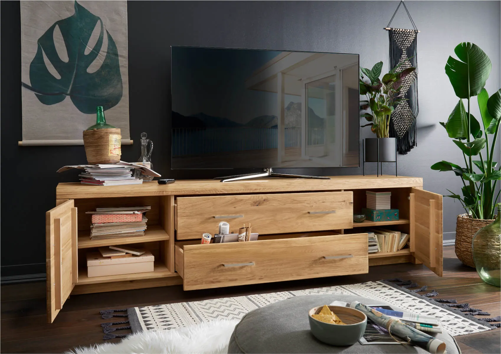 Szafka rtv 2-drzwiowa z 2 szufladami dębowa DOVE 223x56 - GK_1031691201