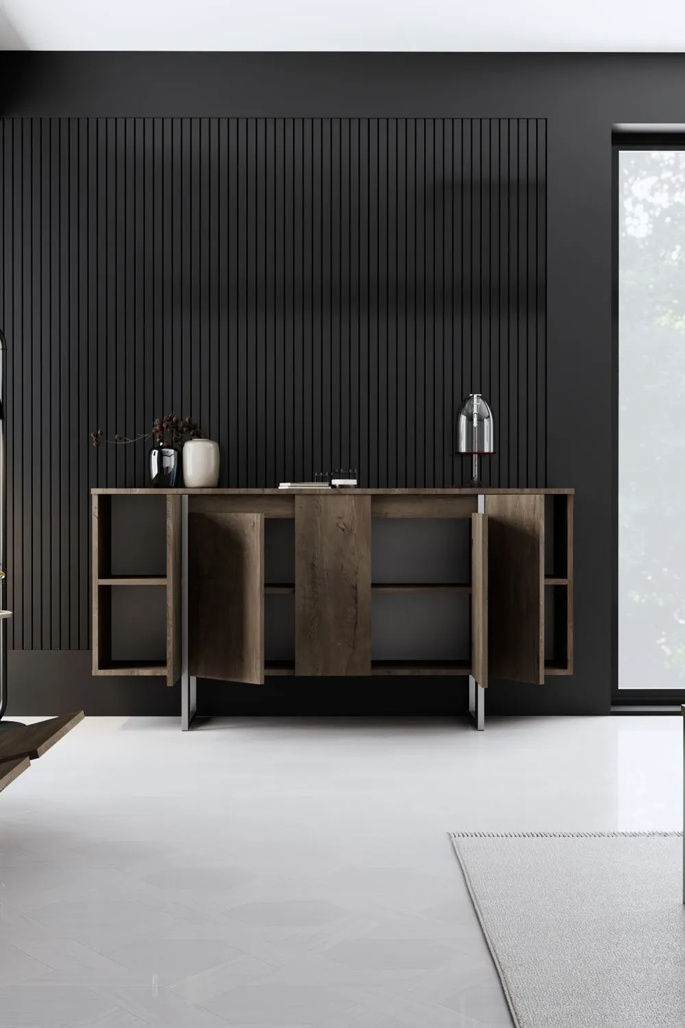 Komoda drewniana 4-drzwiowa LUXE 160 cm kolor orzechowy srebrny stelaż - ASI_618BLY1303