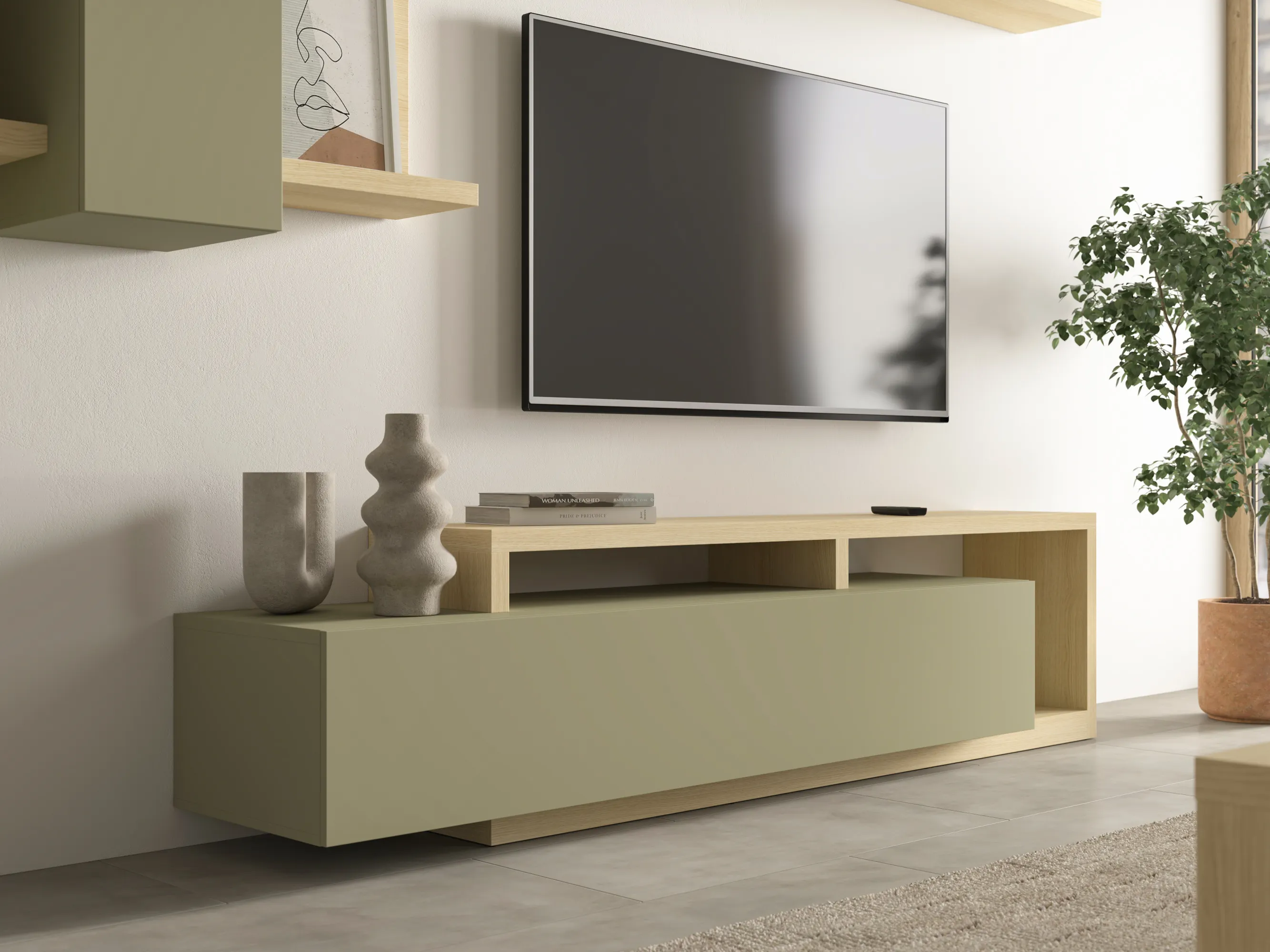 tv stand, media unit, wood shelf, zielona szafka, telewizor na ścianie?