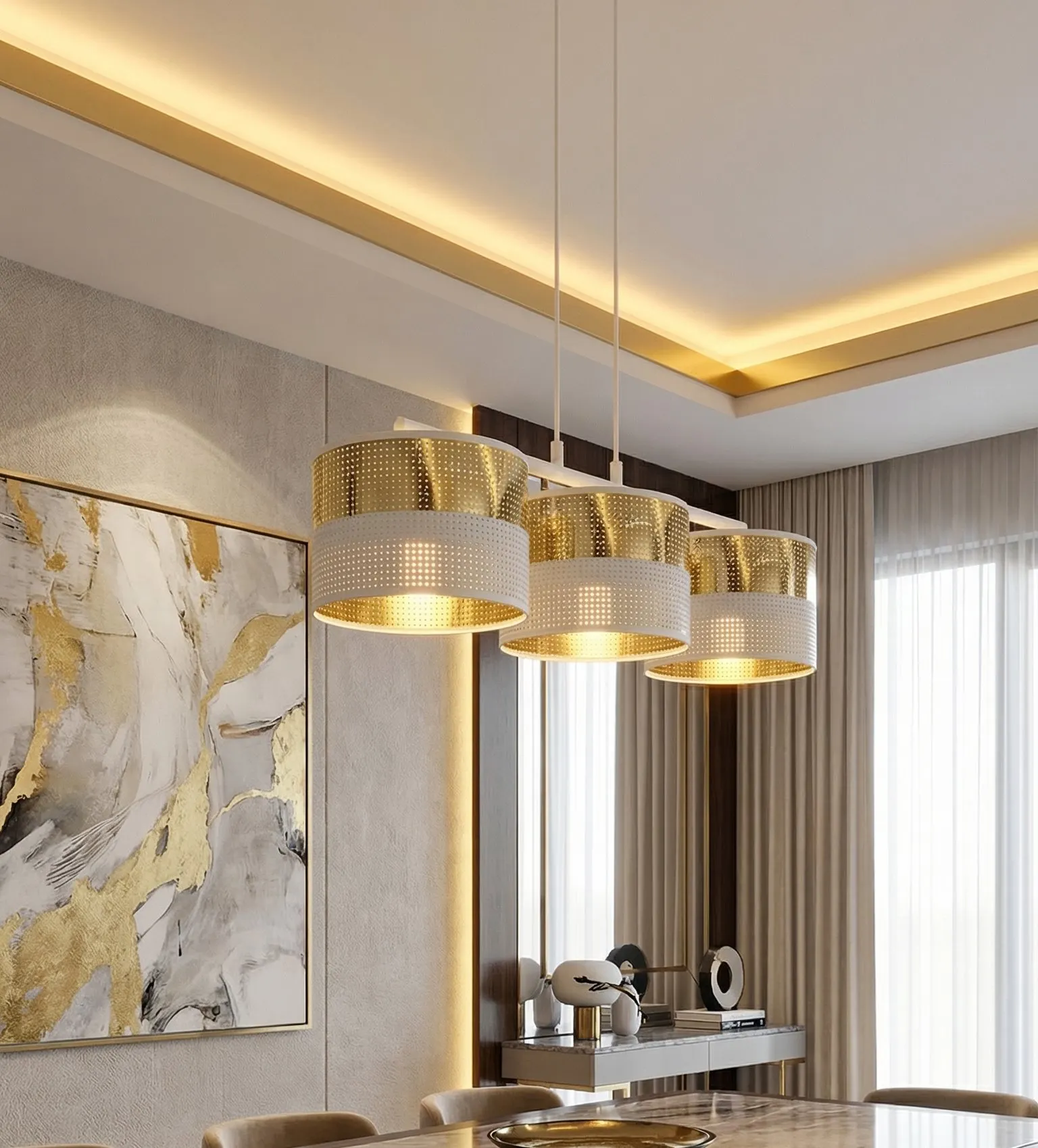 Lampa wisząca LUX 3 WH GOLD z abażurem biała złota - 1650/3