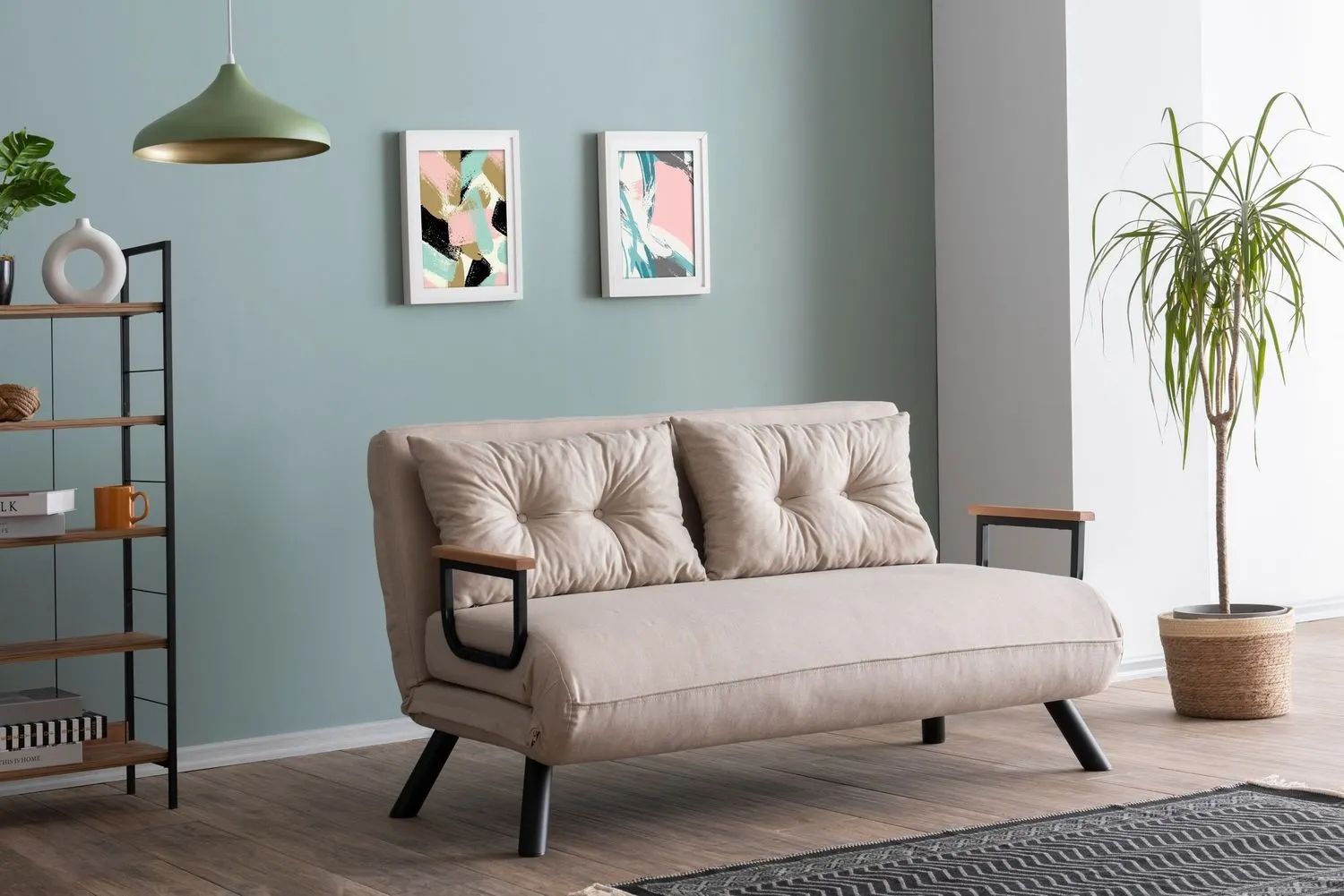 Sofa rozkładana 2-osobowa z lnianą tapicerką SANDO kremowa — zdjęcie 8