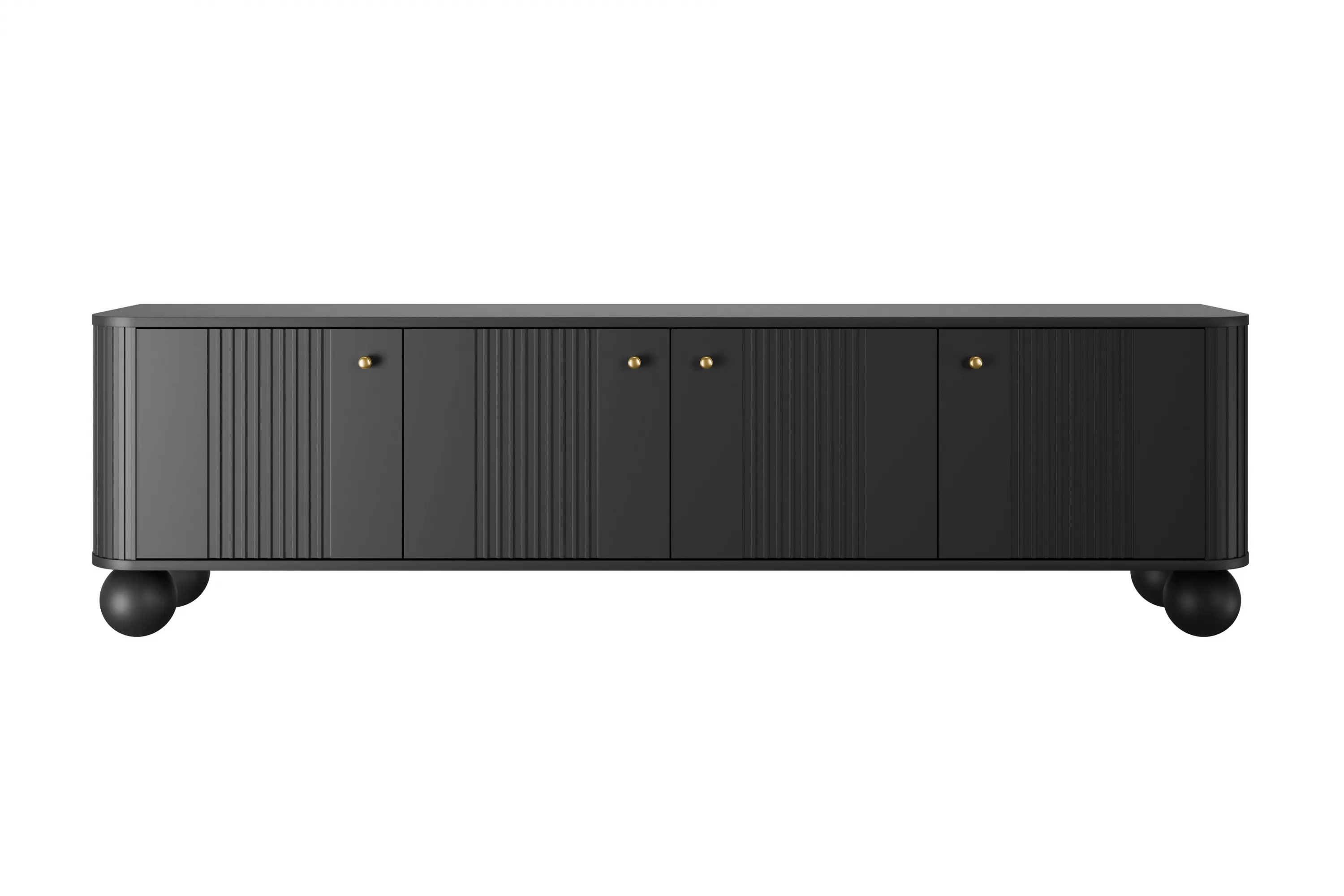 Szafka RTV 4-drzwiowa VESPER RTV 187 ryflowany front czarna złote uchwyty nogi kule - B_163774