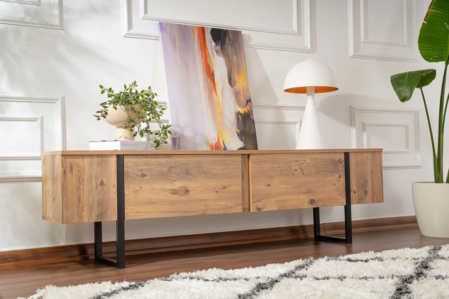 Szafka RTV drewniana 2-drzwiowa SERENITY 180 cm sosna atlantycka czarny stelaż — zdjęcie 9
