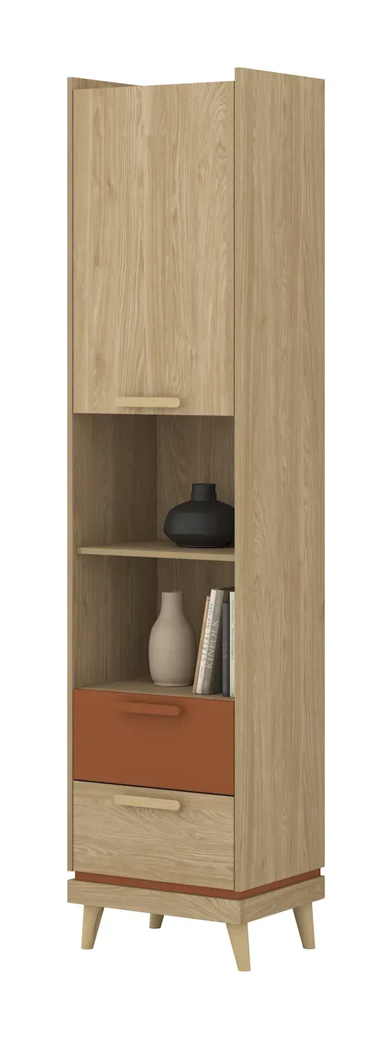 Regał 1-drzwiowy z 2 szufladami SCANDI 88 dąb olejowany ceglany - 24D5OH88