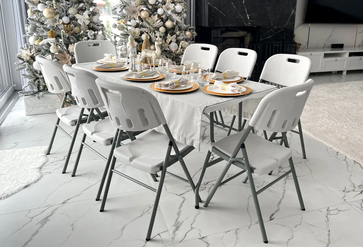Zestaw mebli cateringowych, składany - stół 150 cm + 4 krzesła - biały, szary - FE5906480913036