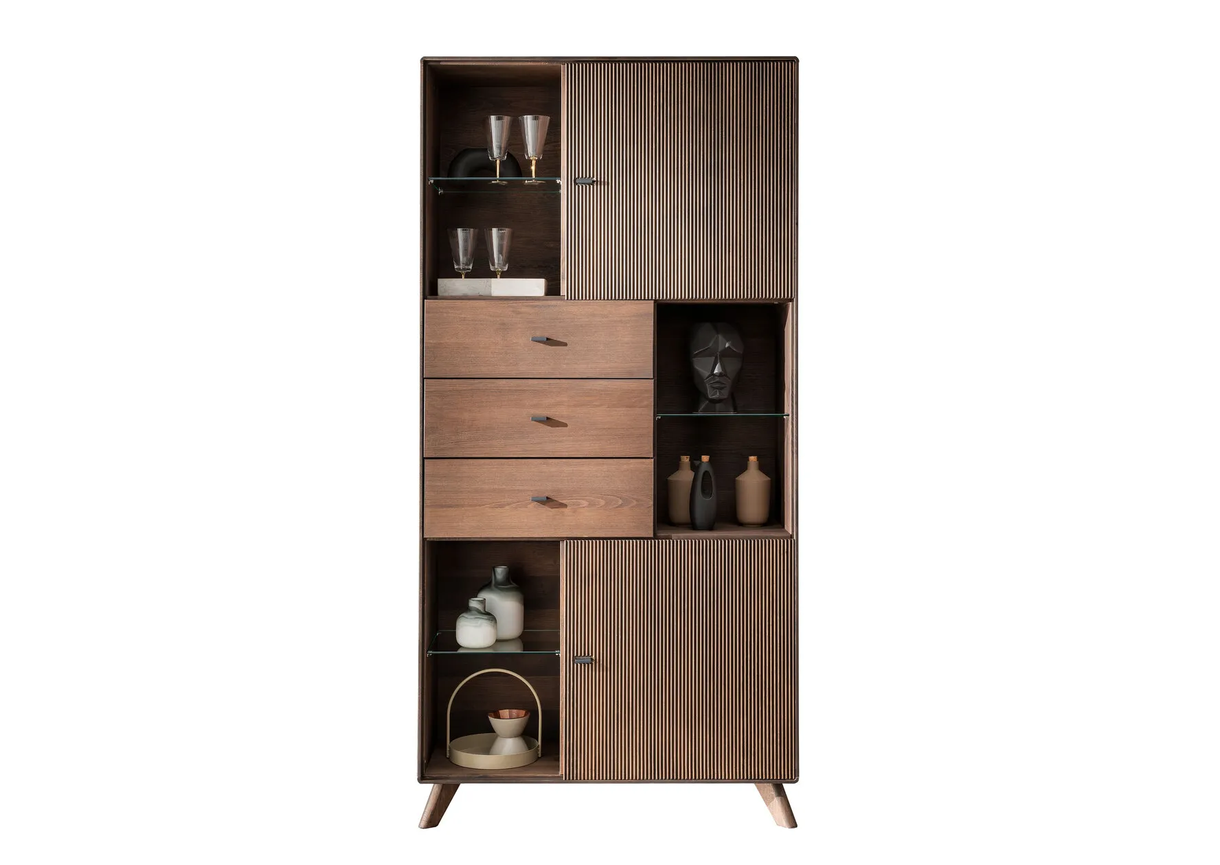 Witryna drewniana ryflowana BLISS 103x209 z 3 szufladami i 2 szafkami Gabinet, Meble, Szafka, Wewnątrz, Projektowanie wnętrz