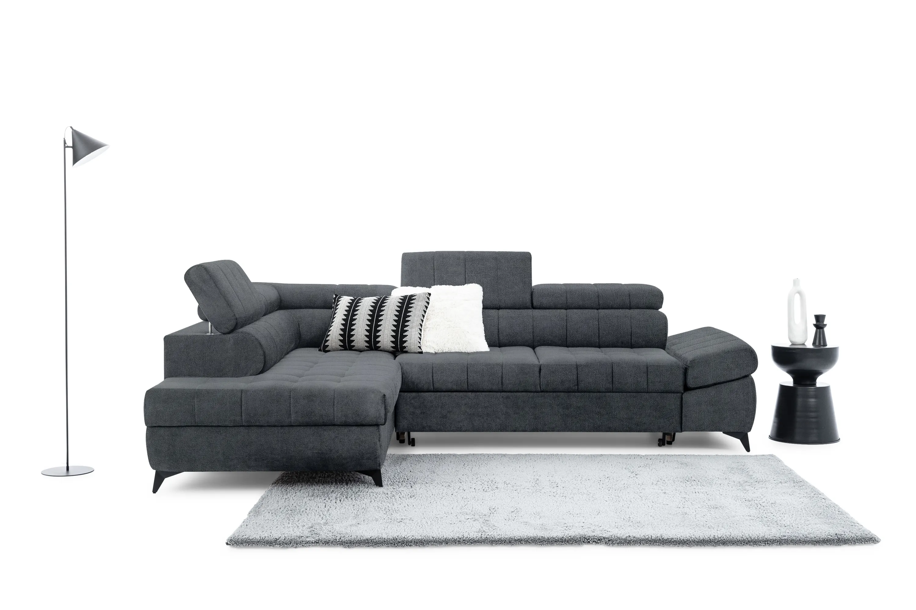 Narożnik lewostronny VALORIS L regulowane zagłówki i podłokietniki tkanina Perfect Harmony 90 grafitowy - B_162929