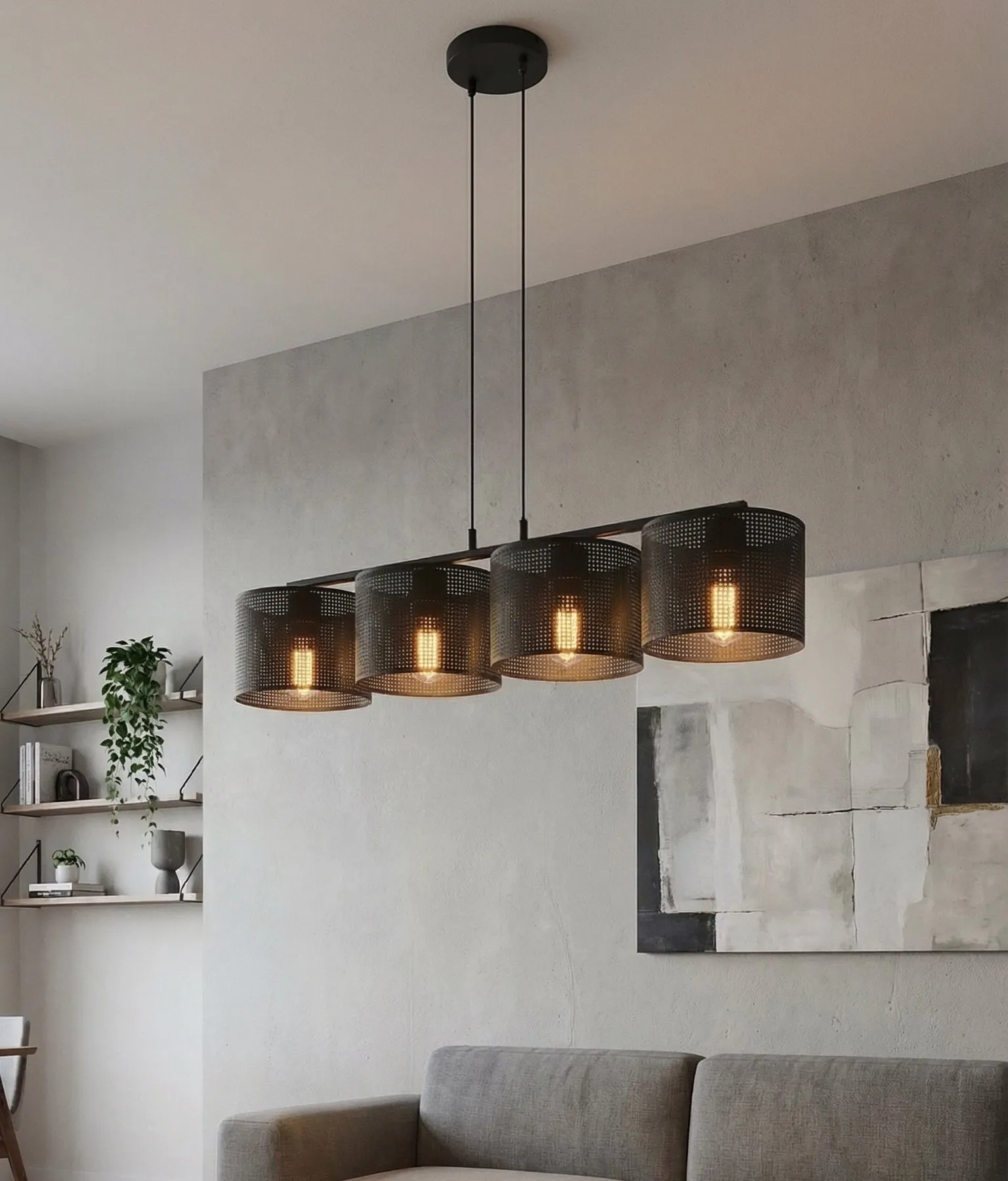 lampa wisząca, kinkietowy żyrandol, czarna metalowa konstrukcja, czarne osłonki, wysięgnikowy oświetlenie sufitowe