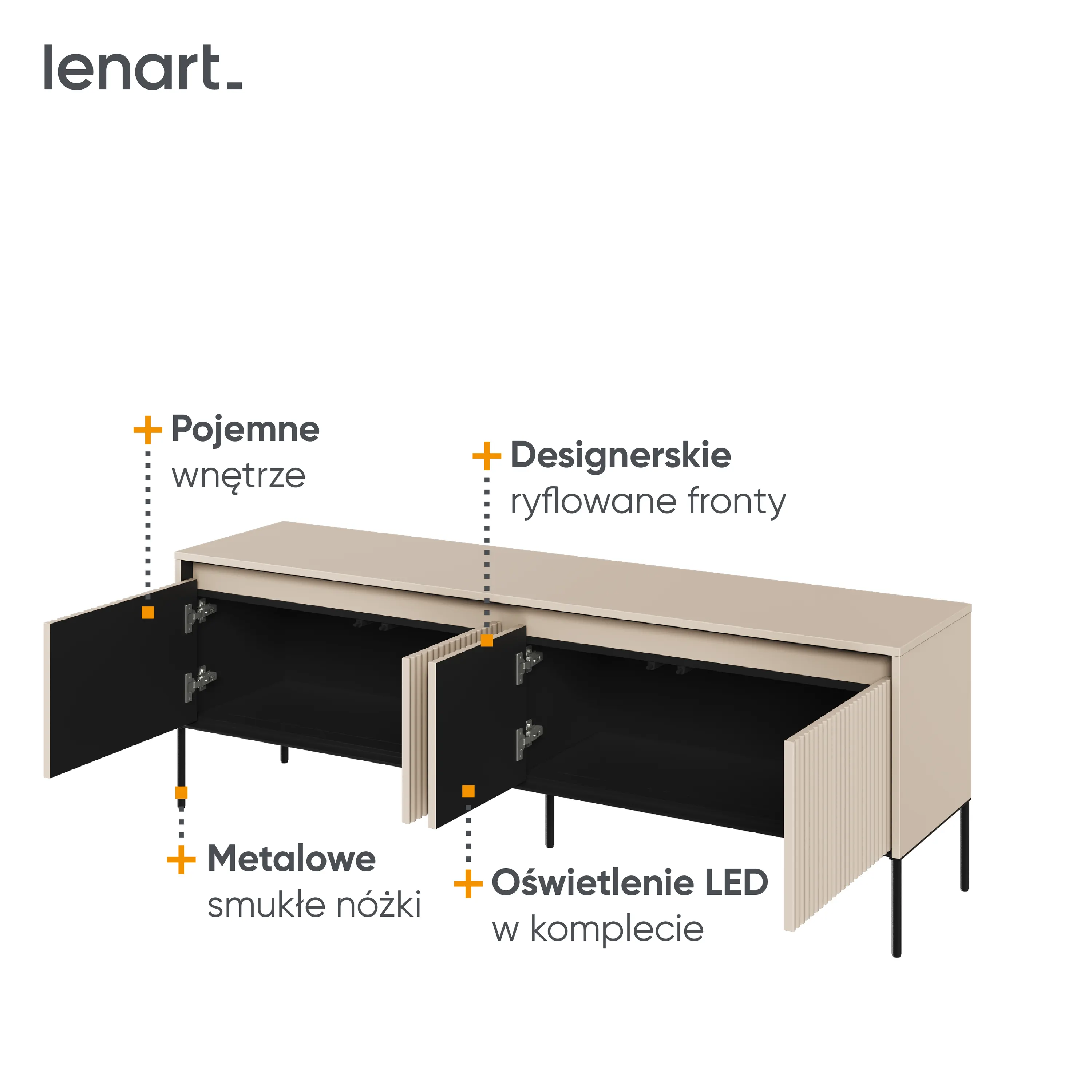 Szafka RTV z oświetleniem ryflowana TREND TR-05 4D 166cm - beż piaskowy/czarny