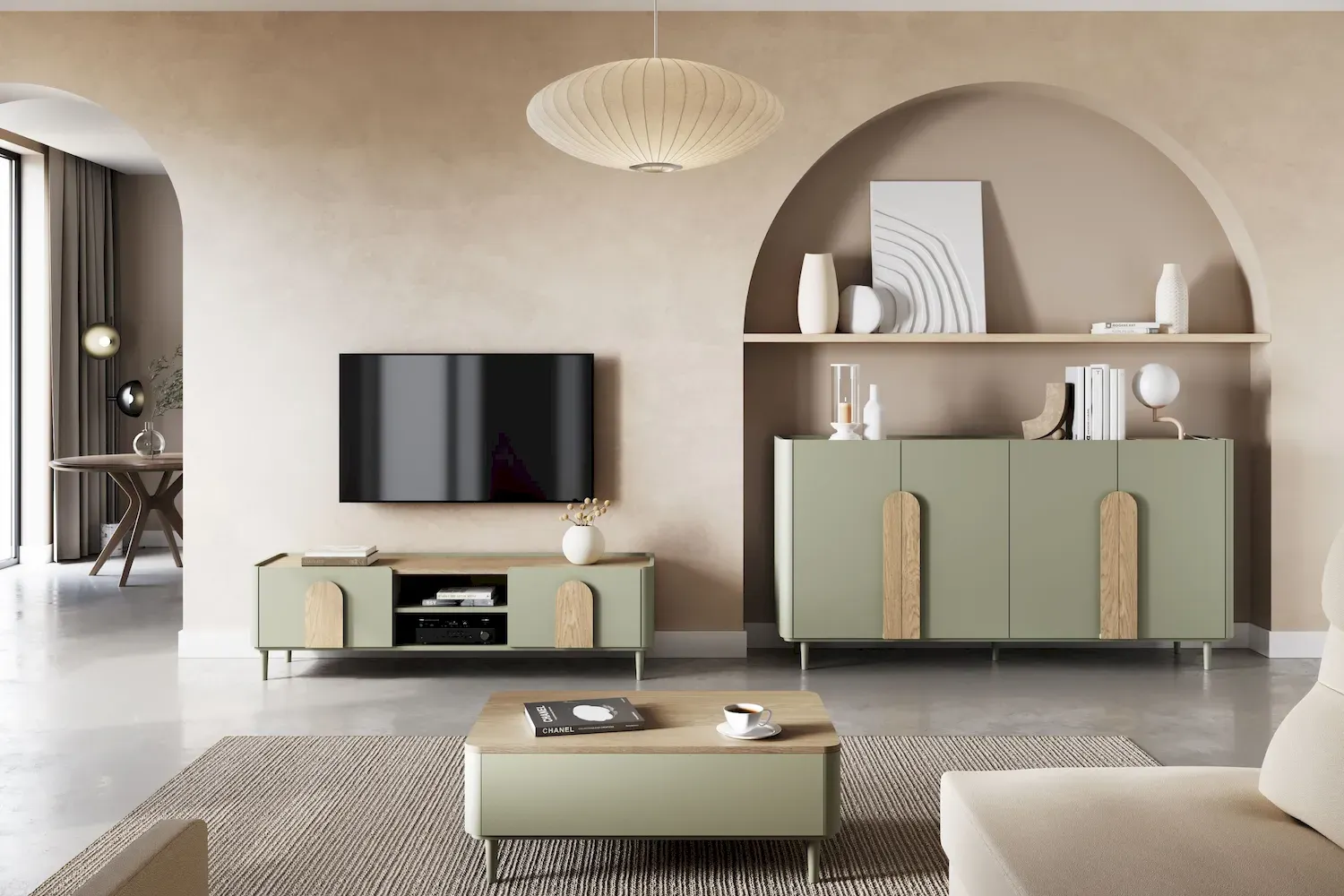 Szafka RTV z klapą i szufladą AMILIO 170 - eukaliptus dąb baltic dune /chwyty dąb naturalny nogi eukaliptus - B_169230