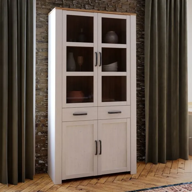 Witryna Kredens 4-drzwiowa z 2 szufladami CHISBURY - dąb riviera, modrzew jasny sibu - BHLV822-M482