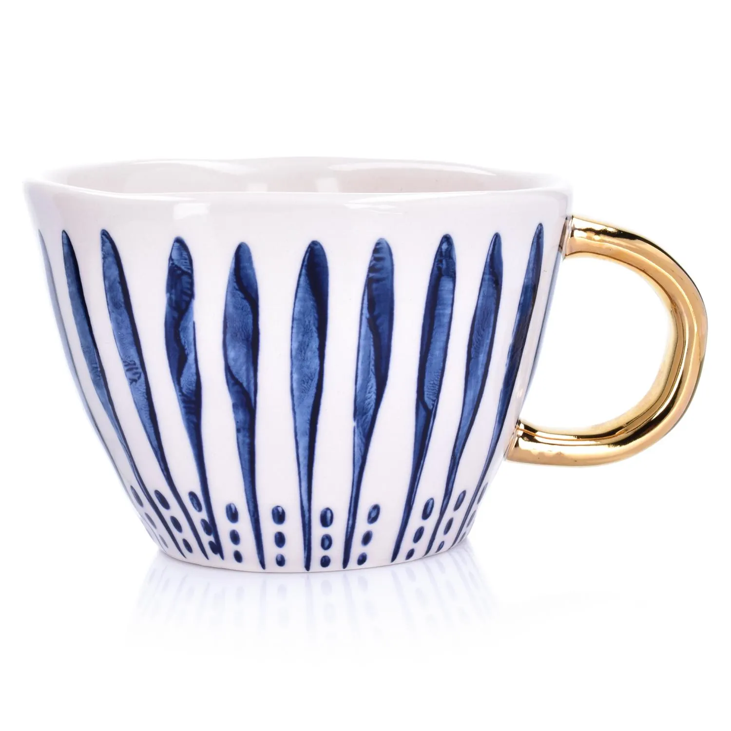 image porcelanowy kubek, niebieskie paski, złoty uchwyt, ceramiczny kubek, ręcznie malowany