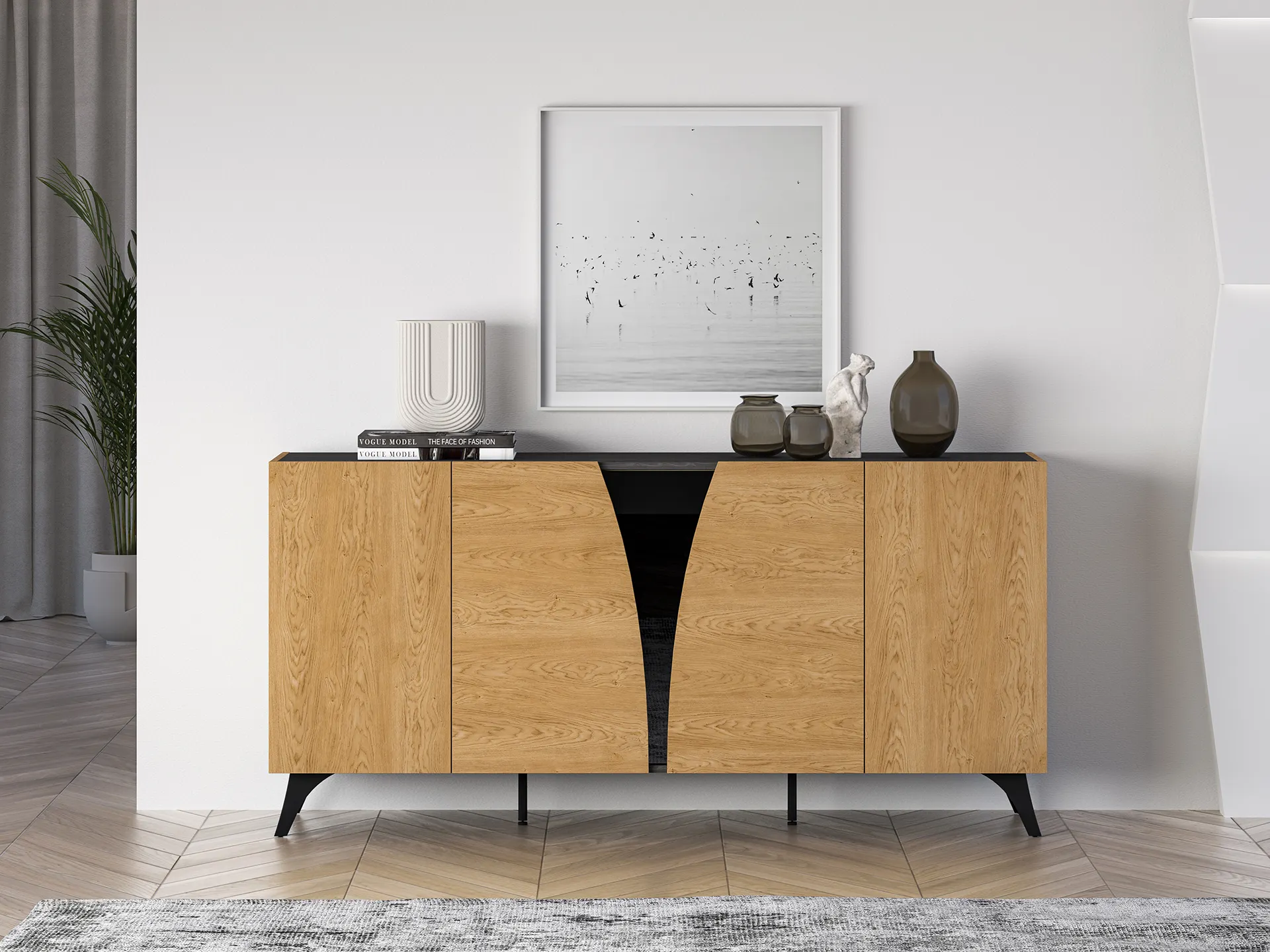 Komoda 5-drzwiowa TOSCANIA 04 dąb baltic dune jesion prestige czarny - 1TOSC04-001