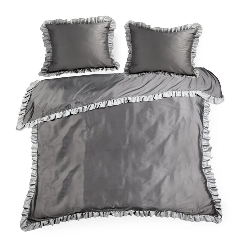 Komplet pościeli z falbanką ELIZA 160 X 200 cm Stalowy, Szary Poduszka, Wystrój domu, Łóżko, Meble