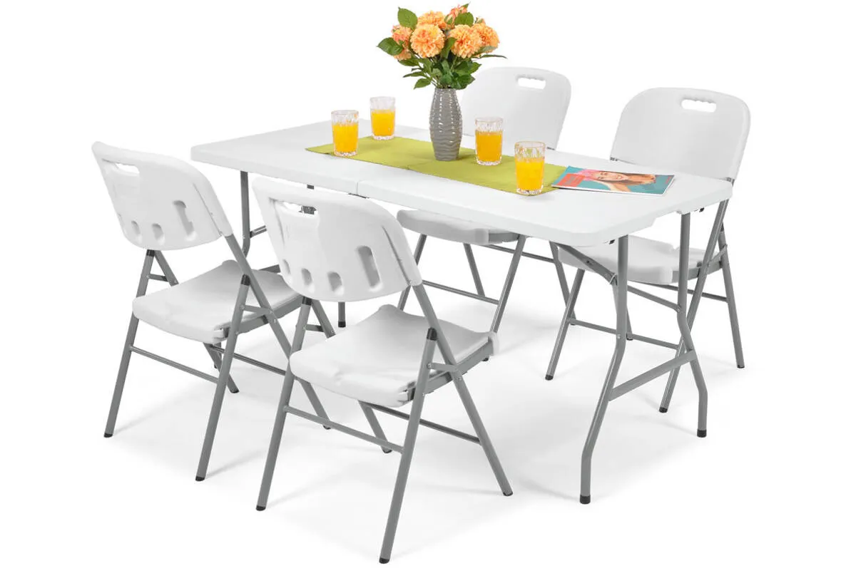 Zestaw mebli cateringowych, składany - stół 150 cm + 4 krzesła - biały, szary Stół do jadalni, Meble, Tabela, Jadalnia, Krzesło