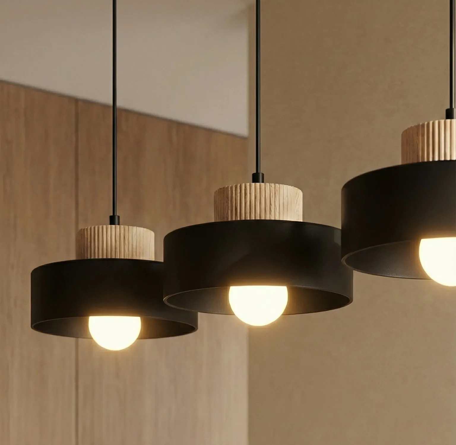 lampa wisząca, pendant light, czarna obudowa aluminiowa, drewniane elementy, źródło światła