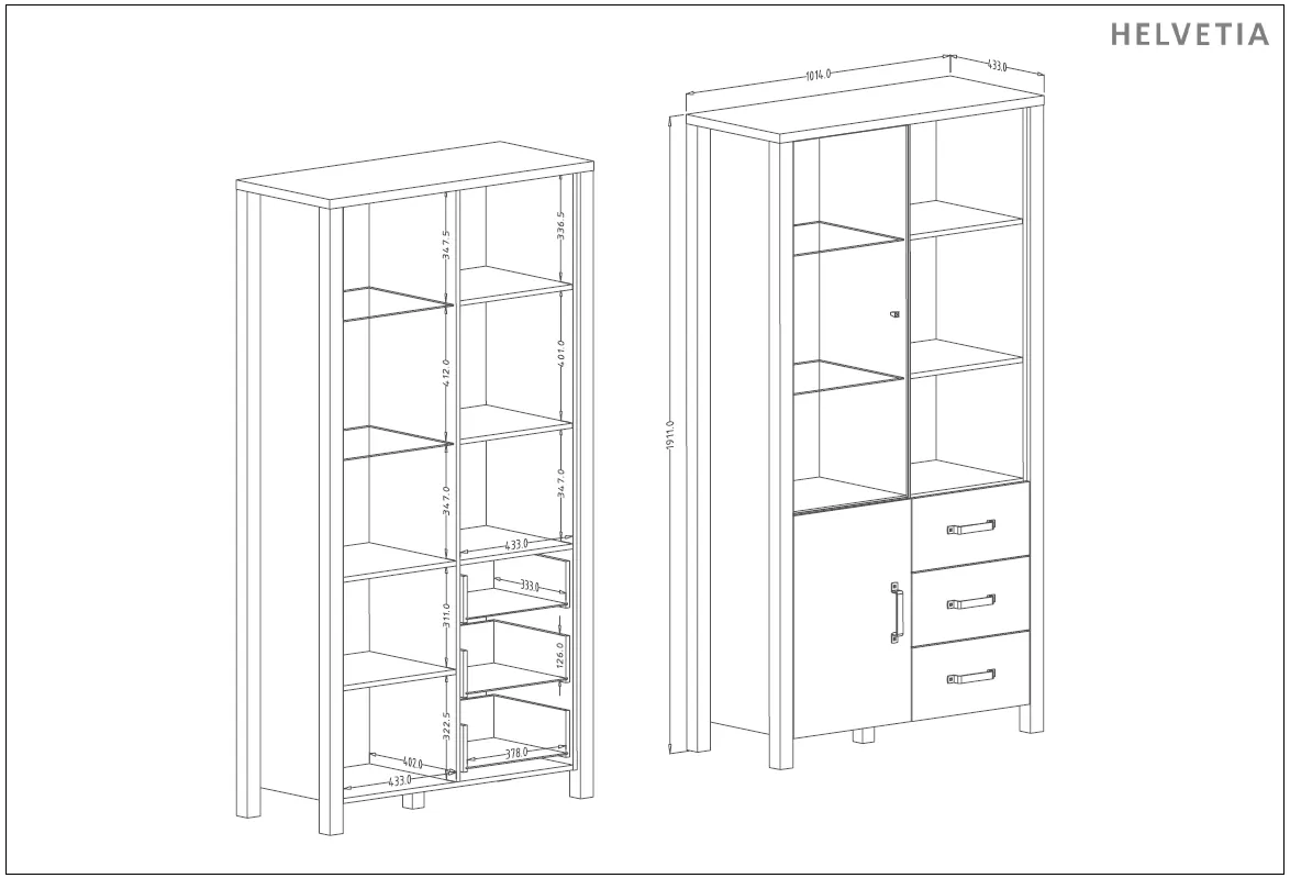 Witryna szklana OLIN 2-drzwiowa z szufladami 191x101 czarny appenzeller fichte - 24ABJC13