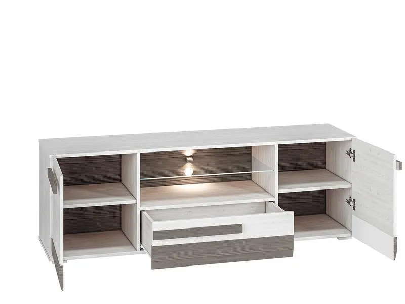 Szafka RTV 2-drzwiowa ze szklaną półką i szufladą Blanco 09 sosna śnieżna 165 cm - 1BLAN0901-001