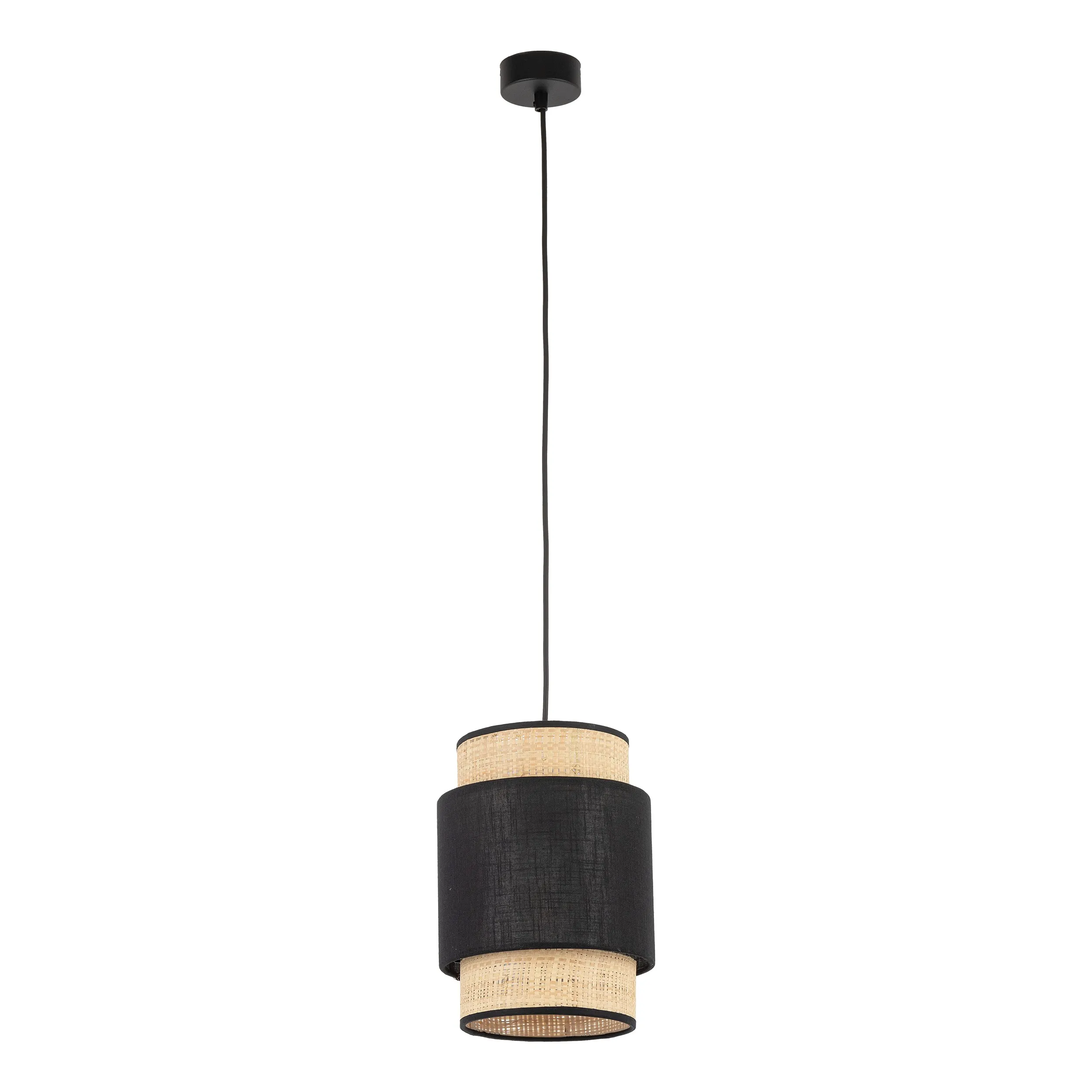 Lampa wisząca BOHO czarna z brązowym kloszem z tkaniny rafia plecionki 170x20cm