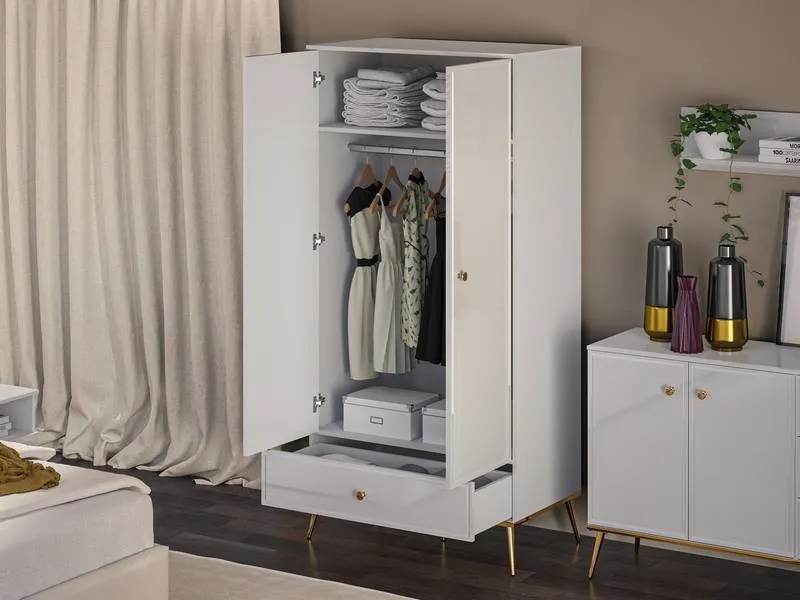 Szafa 2-drzwiowa z szufladą GOLDIN 01 biały połysk na złotych nogach - 1GOLD01-001