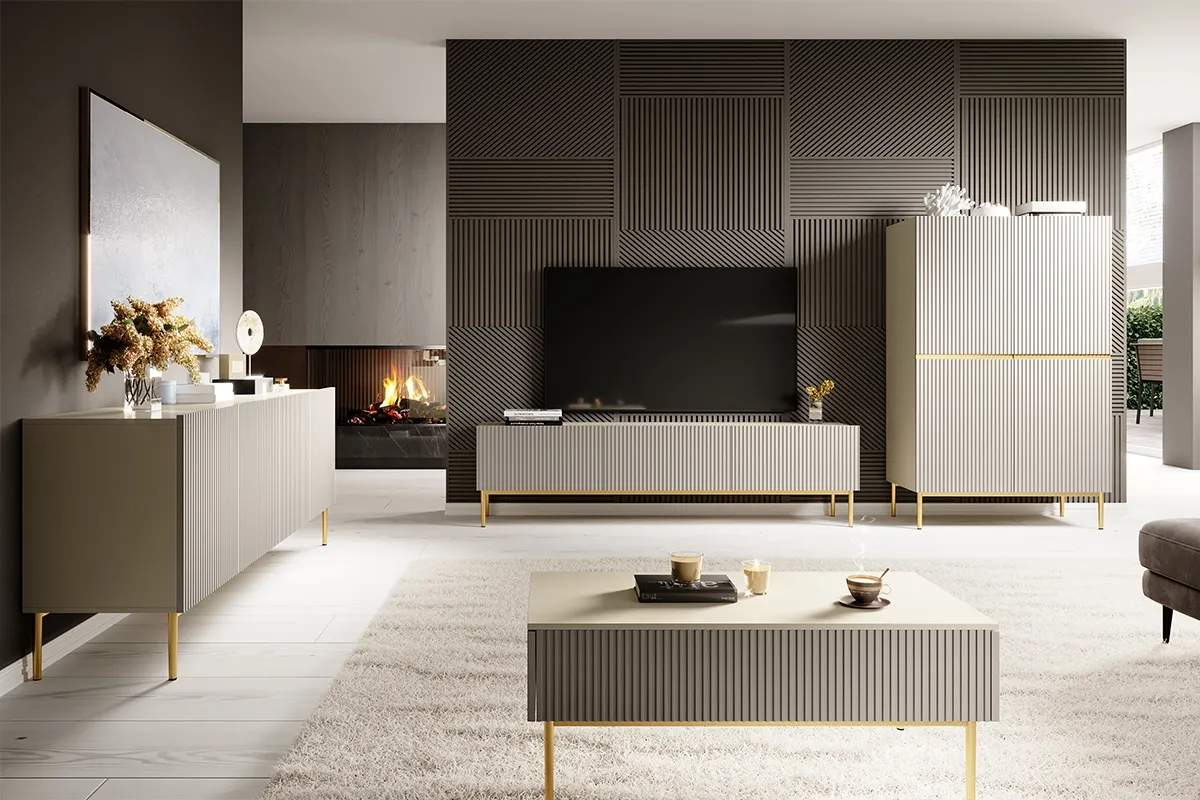 Szafka RTV NICOLE 200 z szufladą - kremowa - złoty stelaż - B_55540