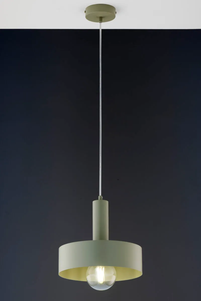 lampa wisząca, pendant, kolor oliwkowy, metalowa konstrukcja, żarówka E27