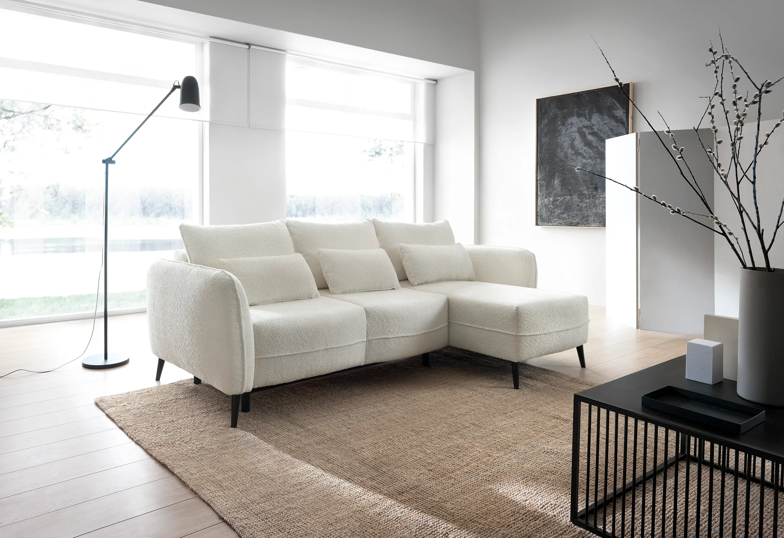 Narożnik z funkcją spania ELEGY prawostronny, ozdobne poduszki - kremowy, czarne nóżki - ELEGY_NAR_ABRIAMO04_P