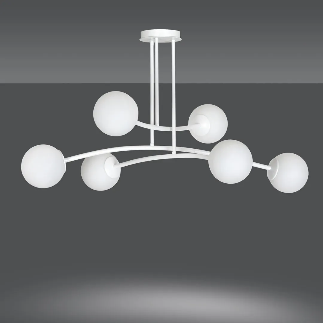 lampa sufitowa, kuleczna?, metalowa konstrukcja, biały kolor, oświetlenie wiszące