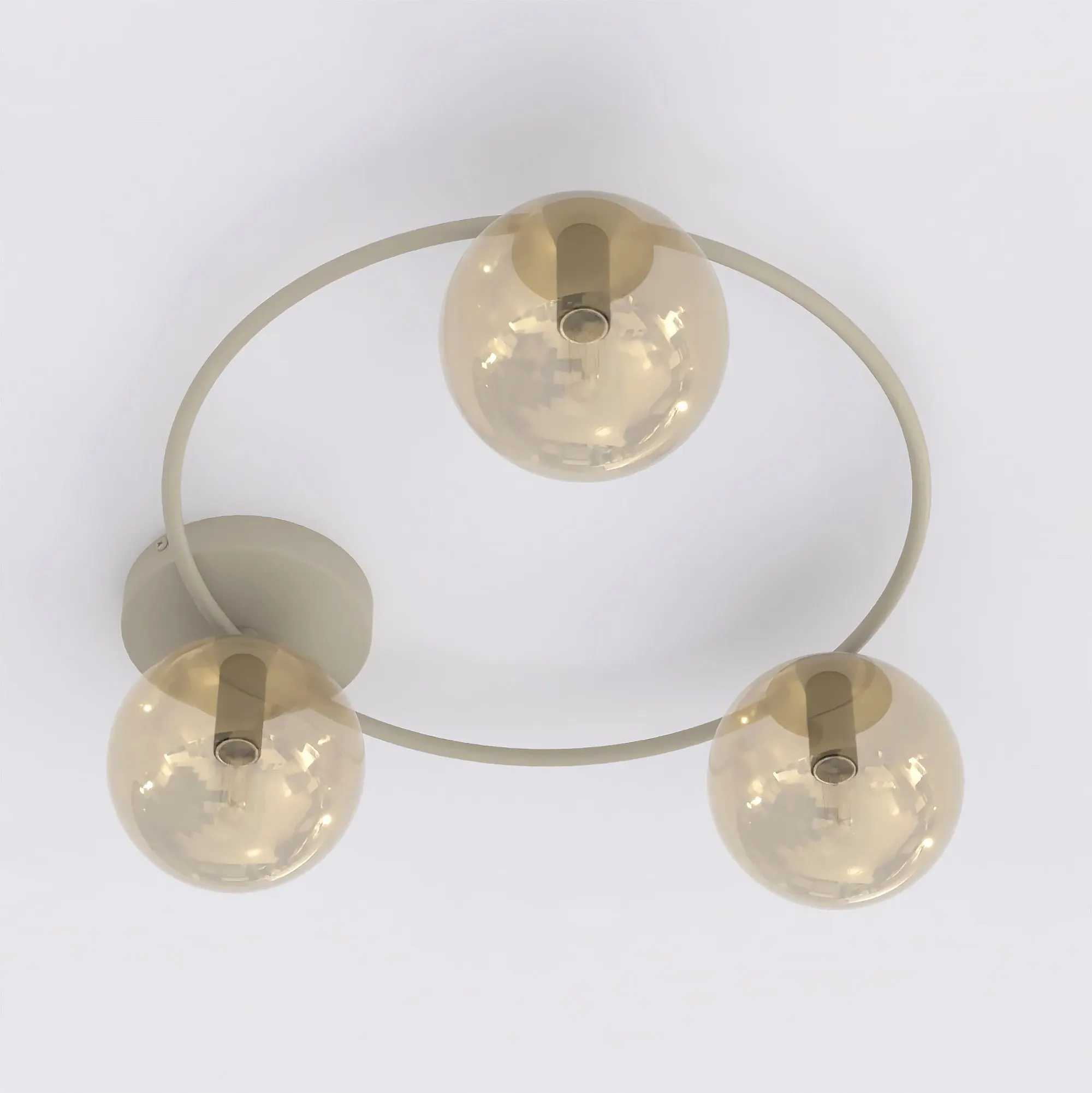 image lampa sufitowa, 3 żarówki, szklane kule, metalowa rama, kolor beżowy