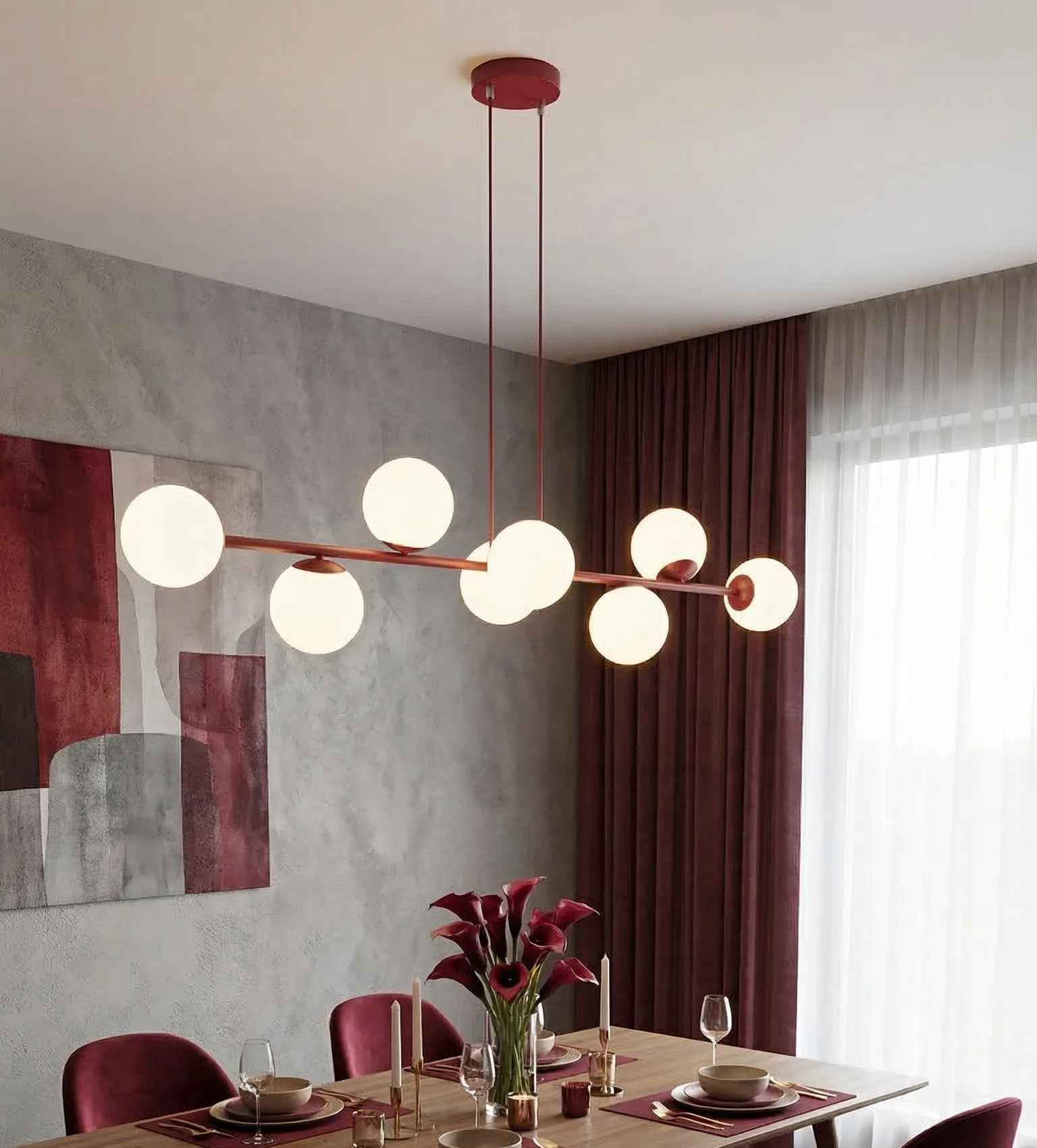 image lampa wisząca, kula LED, żyrandol, kolor czerwony, jadalnia