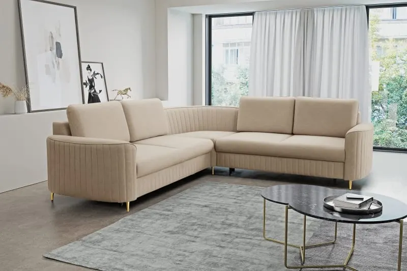 Narożnik rozkładany z pojemnikiem LAREN CASTEL 251 cm lewy cappuccino złote nóżki - LAREN_NAR_CASTEL15_L_ZŁ