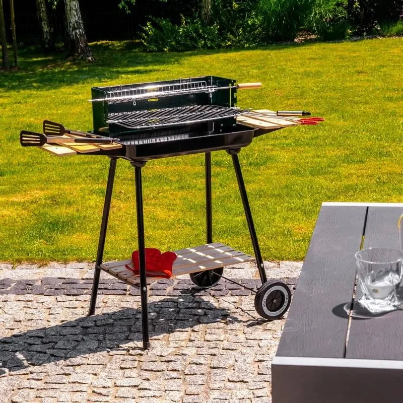 Grill węglowy z rożnem MIR244 na kółkach drewno stalowy czarny — zdjęcie 10