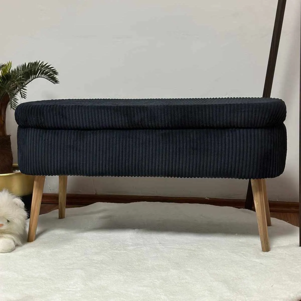 sofa, ottoman, corduroy, navy, wooden legs