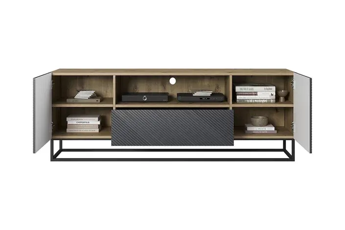 Szafka RTV ASHA 167 - szara - dąb artisan - ryflowany front - czarny stelaż - B_52136