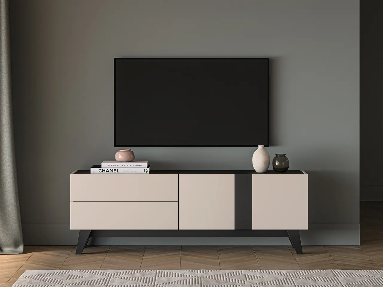 Szafka RTV z szufladami i półkami FRESHION 160 cm beżowo-czarna — zdjęcie 7