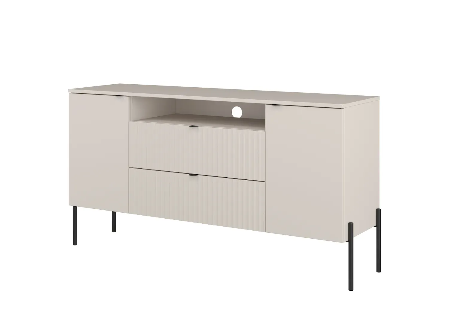 Komoda 2-drzwiowa z 2 szufladami i wnęką ORE 140 cm kaszmir ryflowany front czarne nóżki