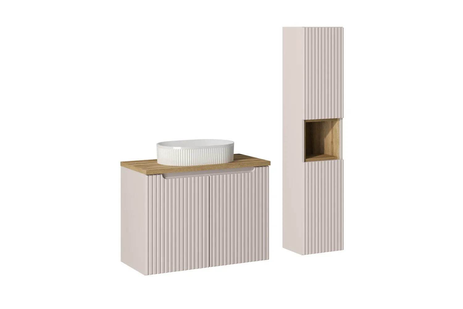 Zestaw meblowy 80cm z blatem, umywalką nablatową Beyond i szafką wysoką set-noc b oak 80cm d un beyond 5 wh hc