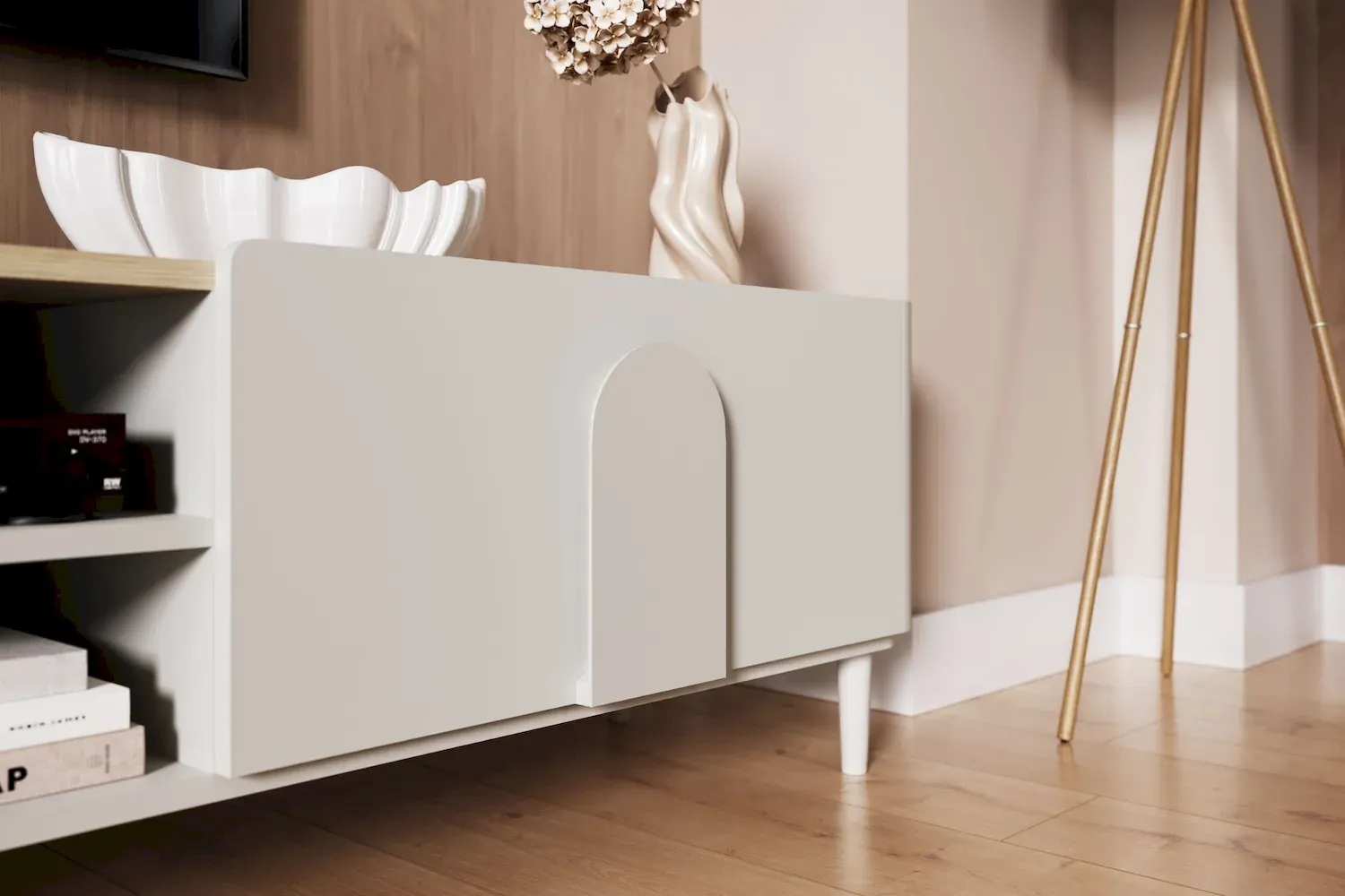 Safka RTV z klapą i szufladą AMILIO 220 - cashmere dąb olejowany uchwyty cashmere nogi cashmere - B_169217