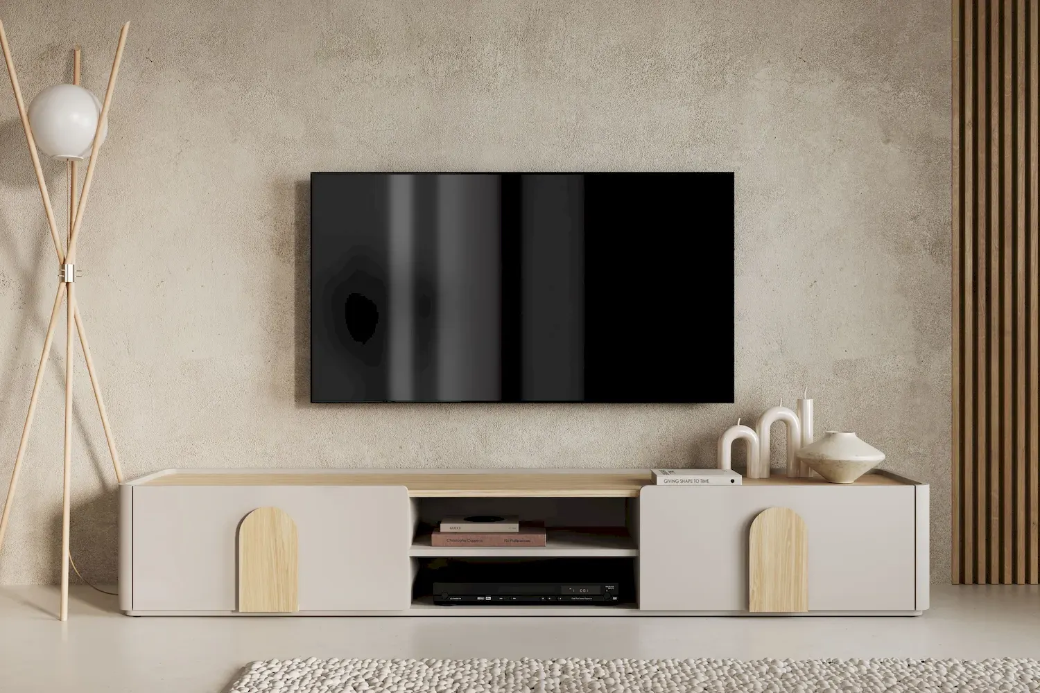 Szafka RTV z klapą i szufladą AMILIO 220 - cashmere dąb olejowany uchwyty dąb jasny - B_169216