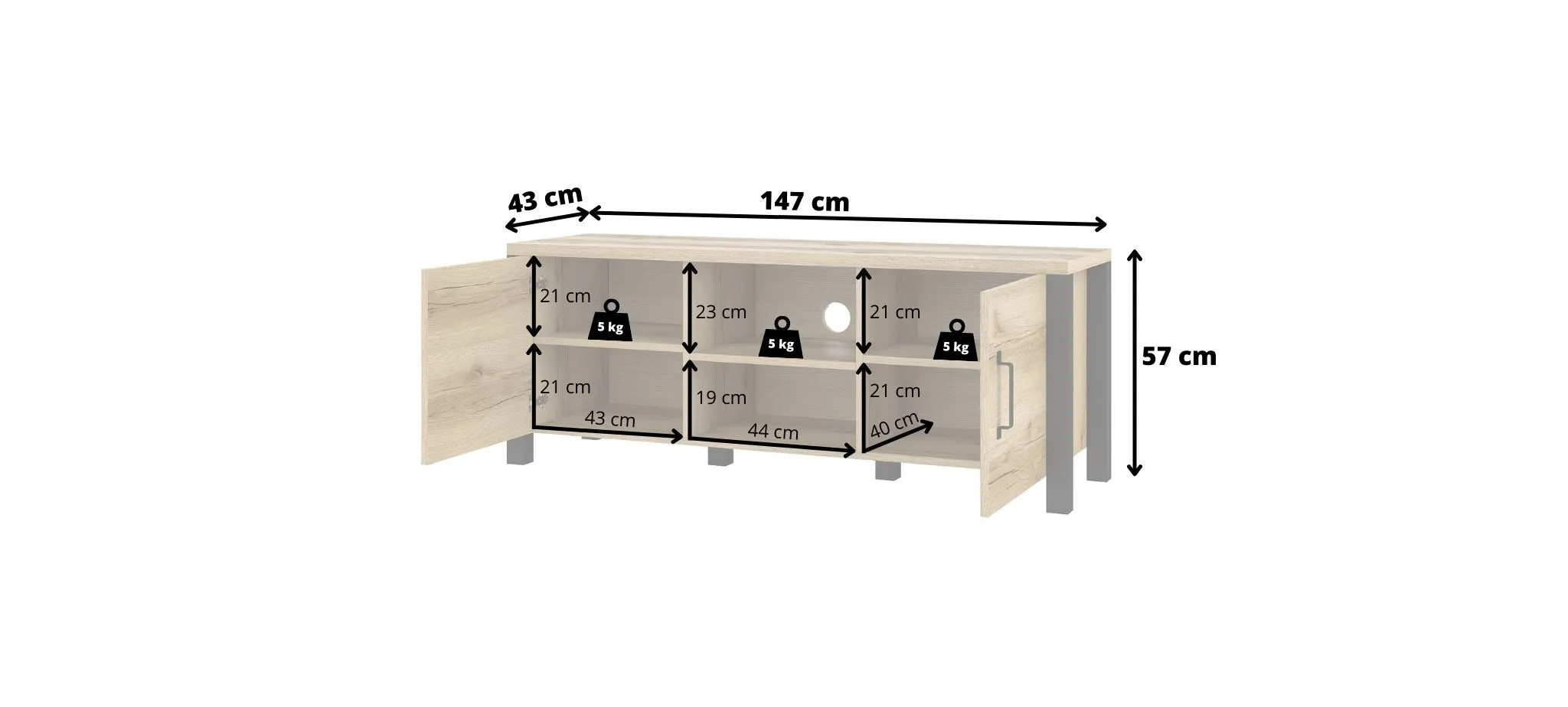 Komoda RTV 2-drzwiowa OLIN 147 cm dąb grand naturalny czarny matowy