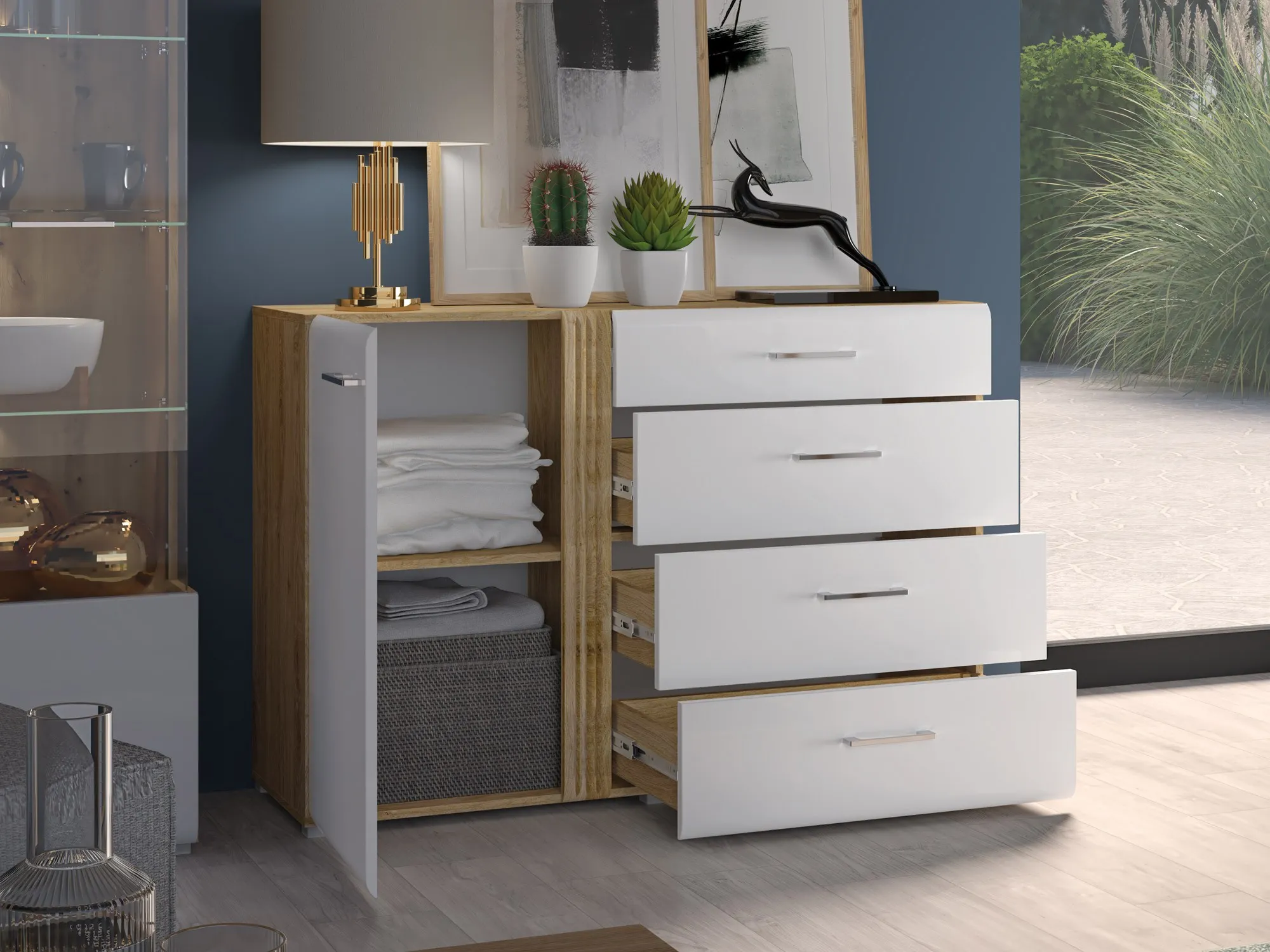 Komoda 1-drzwiowa z 4 szufladami ADAGIO 04 dąb castello, biały połysk - 1ADAG04-001