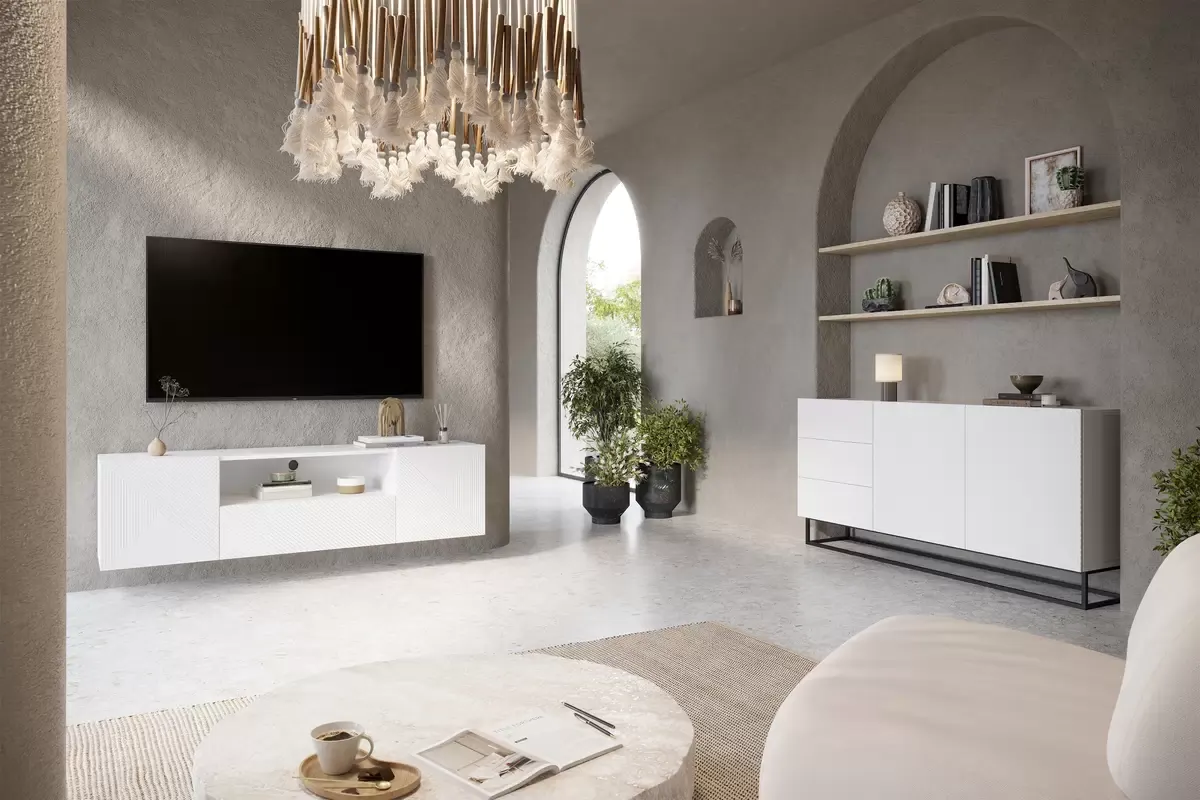 Szafka RTV ASHA 167 - biały mat - ryflowany front - wisząca - B_52528