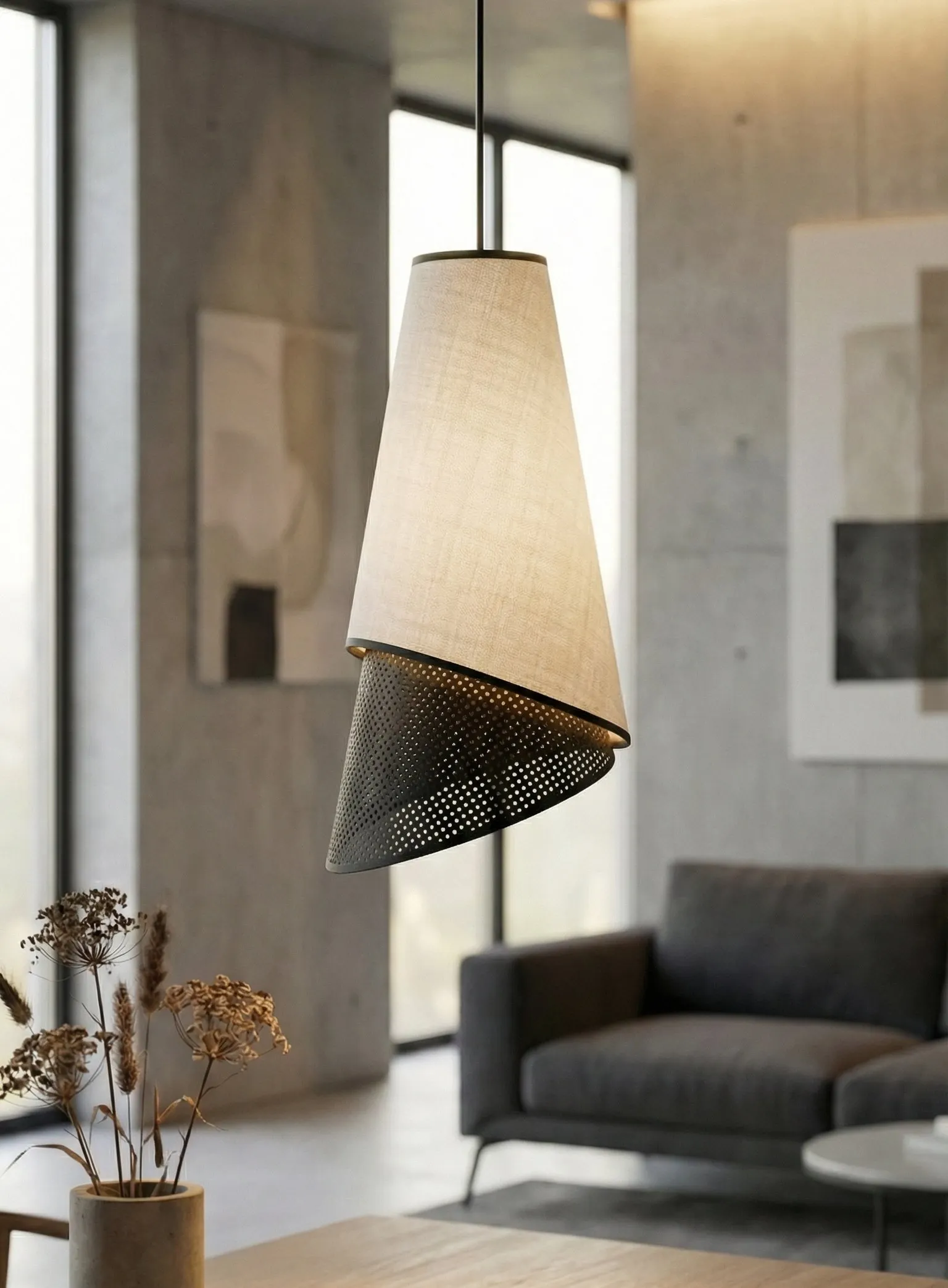 image lampa wisząca, lampy dekoracyjne, drewniana tkanina?, metal perforowany, kinkiet?