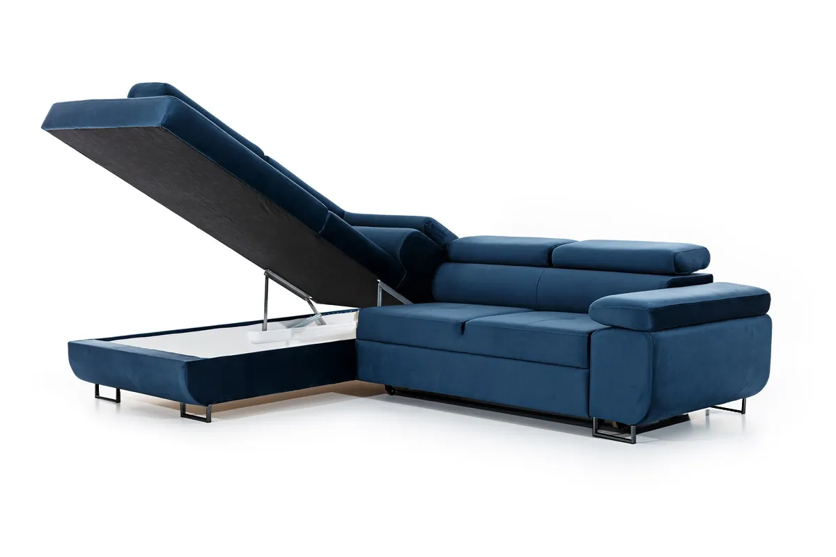 Narożnik lewostronny ANNABELLE L regulowane zagłówki nogi czarne tkanina Monolith 77 granatowy - B_165782