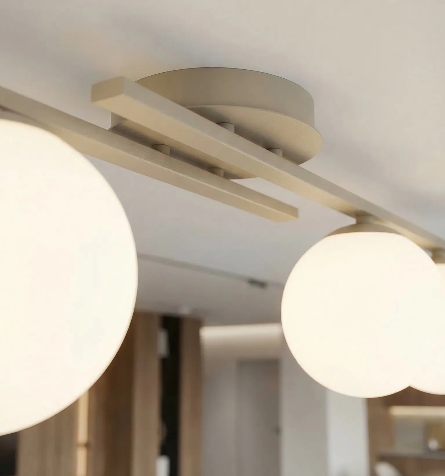 lampa sufitowa, globus LED, kolor kremowy, metalowa konstrukcja, gniazdo montażowe
